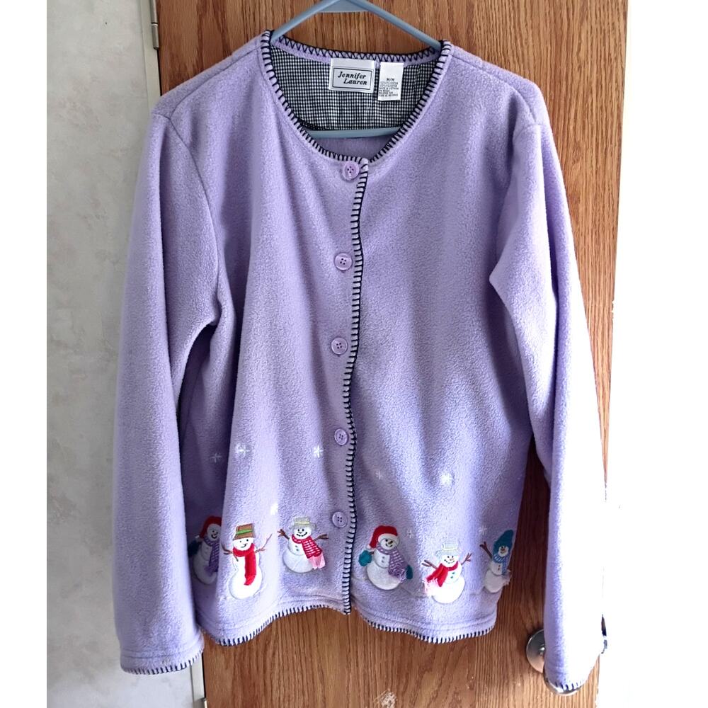 Vintage Snowman Fleece Cardigan M Lilac Purple Embroidered Christmas Cozycore